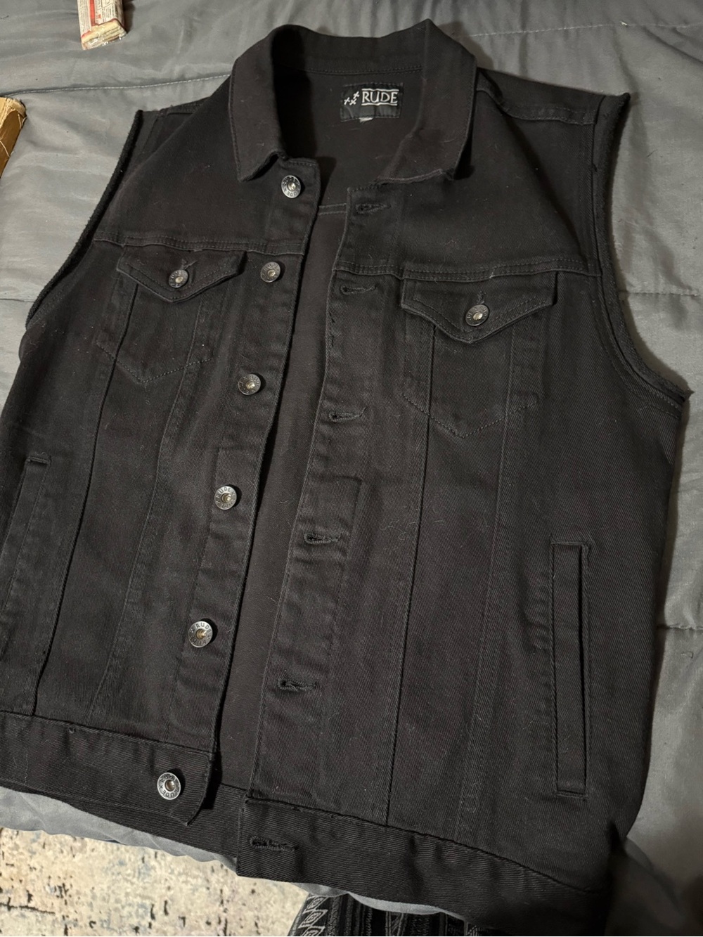 RUDE Black Sleeveless Denim Vest with Button Front